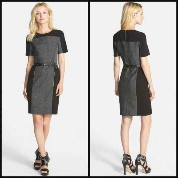 MICHAEL Michael Kors Black/Gray Belted Colorblock  Sheath Tweed Dress‎ - Picture 1 of 7
